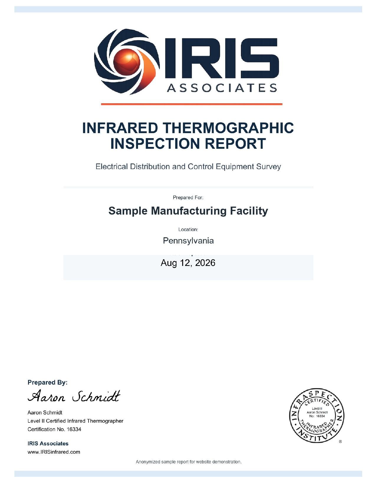Cover of a 2026 IRIS Associates infrared thermography inspection report